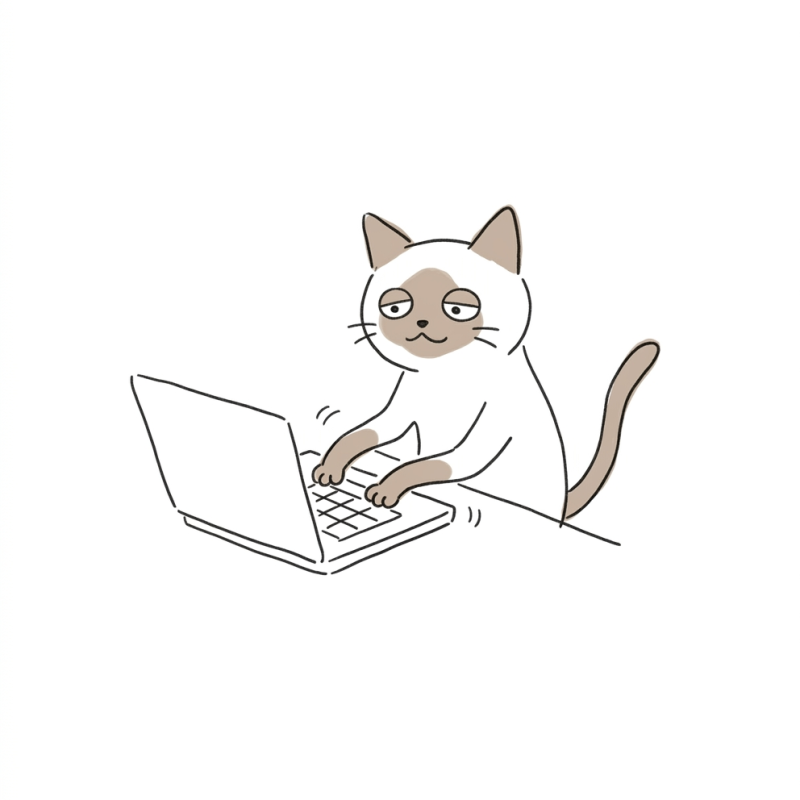 ノートパソコンで作業する猫のイラスト